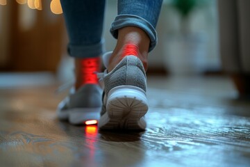 A person is walking on a wooden floor with a shoe that has a red light on it, pain concept - obrazy, fototapety, plakaty