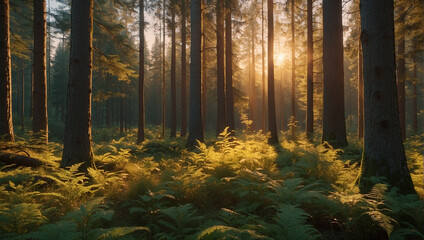 A photo of a forest with tall tress and bright sunlight shining through them

