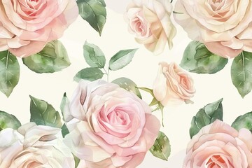 Light pink roses seamless pattern with cream rose arrangement, watercolor hand-painted floral illustration - obrazy, fototapety, plakaty