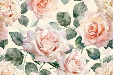 Light pink roses seamless pattern with cream rose arrangement, watercolor hand-painted floral illustration