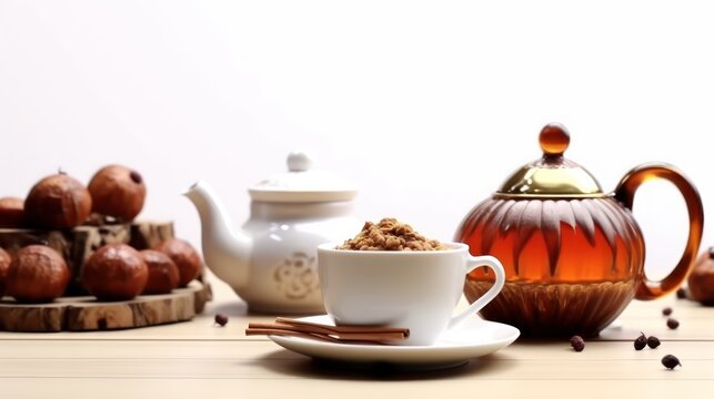 Cup of Turkish tea, teapot, sugar bowl and sweets on wooden table against