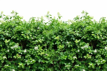 Large dense green bushes with small white flowers isolated on white, garden shrub cutout - obrazy, fototapety, plakaty
