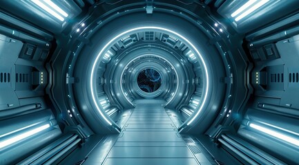 3d rendering of sci-fi dark corridor with white light. Futuristic tunnel with dark metal walls.