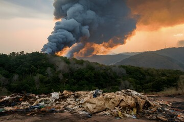 Black smoke billows as forest fire consumes woods and garbage