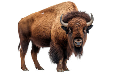 A majestic bison stands proudly on a white background