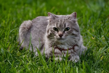 Naklejka na ściany i meble British Shorthair cat enjoys leisurely day on lush green grass