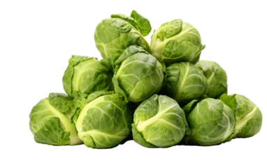 A vibrant pile of brussel sprouts nestled on a clean white background