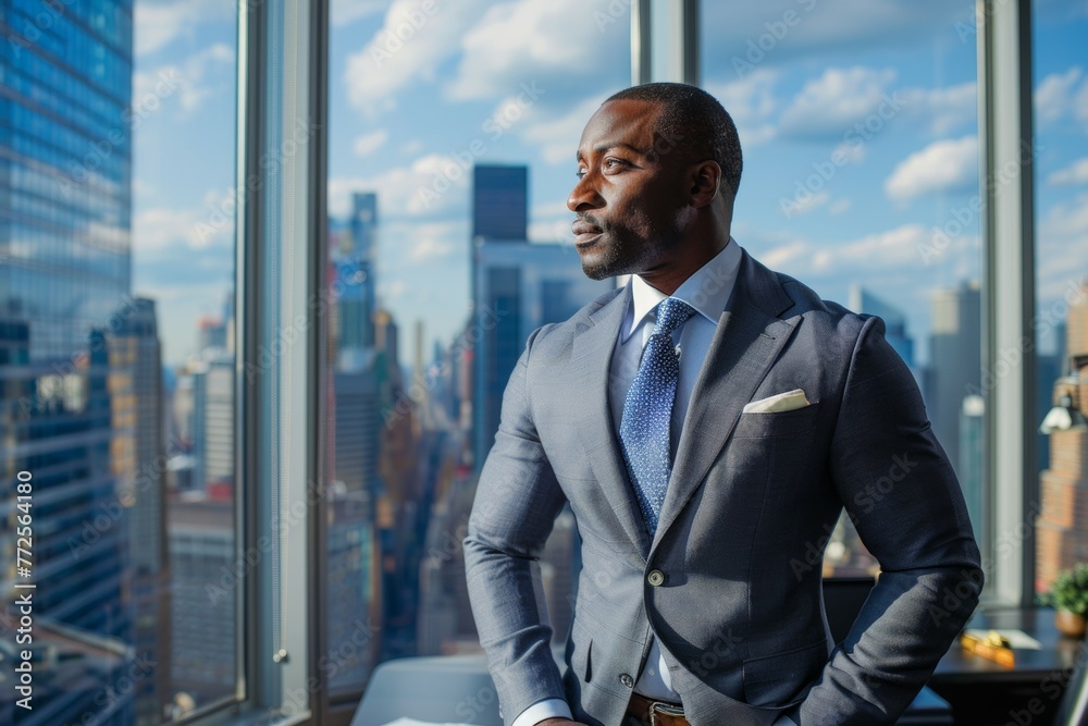 Canvas Prints A man in a suit and tie stands in front of a window looking out at the city