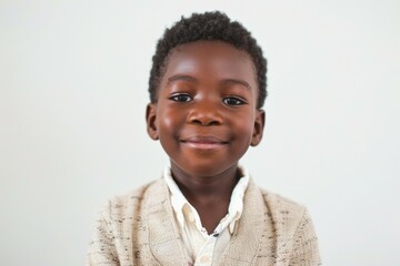 A young boy with a smile on his face is wearing a white shirt and a tan jacket