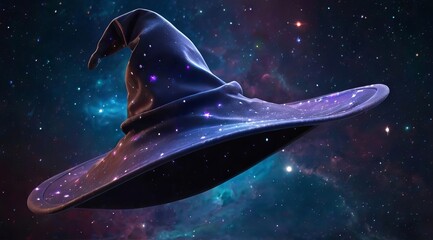 Cosmic witch hat with galaxy texture. Magical sorcerer hat in space theme. Halloween Party Hat. Concept of fantasy, magic, cosmos, witchcraft, and mystery. Digital art - obrazy, fototapety, plakaty