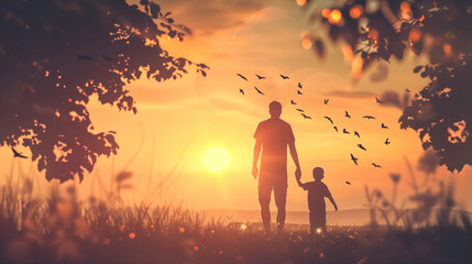 a silhouette of a father and son strolls through the tranquil beauty of nature