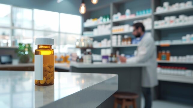 Pill bottle mock up in pharmacy. Background concept