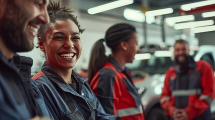 Group of happy mechanics enjoying a break together in a workshop