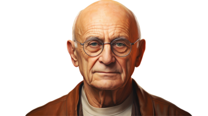 A bald man wearing glasses and a brown jacket is posing for a portrait photography. He has no expression on his face but appears pleased to be a fictional character in an art event on transparent