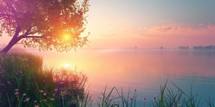 Majestic Sunset Over Lake With Foreground Tree. Generative AI