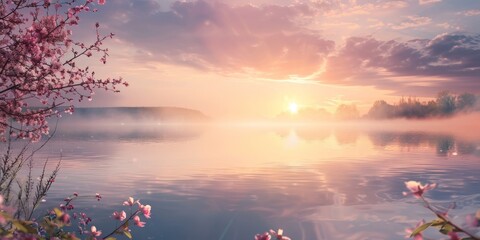 Pink Flowers by a Calm Lake at Sunset. Generative AI