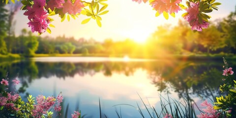 Pink Flowers at Sunset Reflecting on Calm Lake. Generative AI