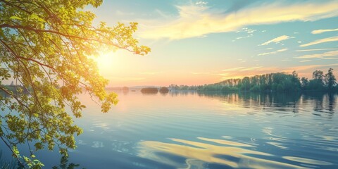 Fototapeta na wymiar Sun Setting Over Calm Lake. Generative AI