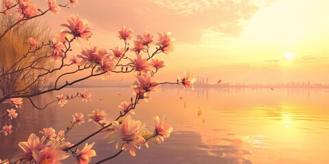 Obraz na płótnie Canvas Stunning Sunset Over Calm Lake. Generative AI