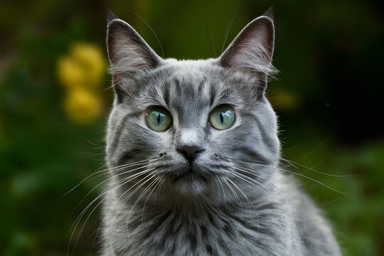 Digital Gray cat with blue green eyes gazes ahead, popular pet concept