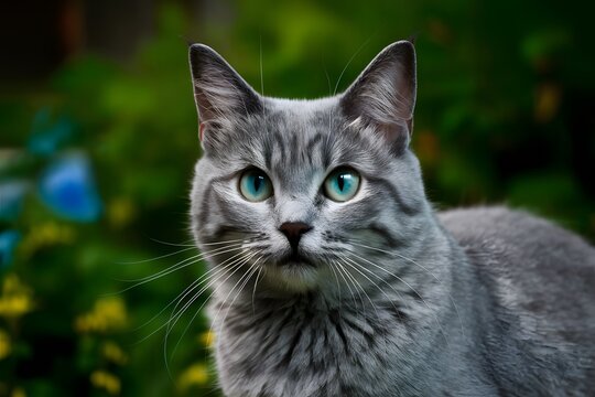 Digital Gray cat with blue green eyes gazes ahead, popular pet concept