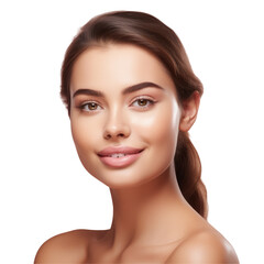Obraz premium A closeup shot of a womans face showcasing features like her forehead, nose, cheek, lips, smile, eyebrows, eyes, eyelashes, and mouth on a transparent background on transparent