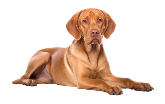 Large brown dog peacefully laying on top of a pristine white floor