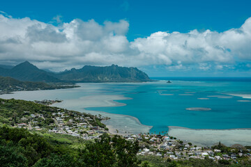 Fototapeta na wymiar Reef . Kāneohe Bay, largest sheltered body of water in the main Hawaiian Islands. Pu'u Ma'eli'eli Trail, Honolulu Oahu Hawaii. Kahaluu. Kualoa