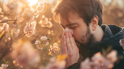Man sneezing because of flowers and pollen allergy
