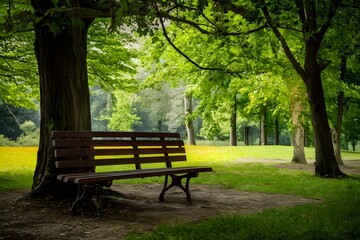 Empty wooden bench invites relaxation in summer park setting