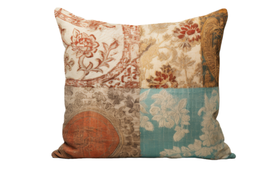 A colorful patchwork design covers a soft pillow, creating a cozy and eclectic look