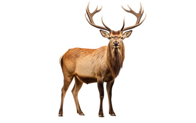 A majestic deer with large antlers stands proudly against a white backdrop