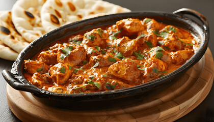 Picture a sizzling platter of aromatic and flavorful chicken tikka masala with tender chunks of gri Generative AI - obrazy, fototapety, plakaty
