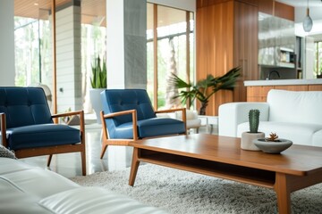 Elegant mid-century modern living room interior with stylish furniture