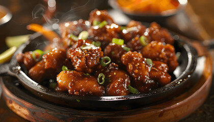 Picture a sizzling plate of tangy and spicy chicken 65 each piece coated in a flavorful marinade an Generative AI