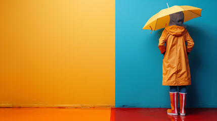 An umbrella, raincoat, and boots positioned next to a colorful wall, providing ample space for creative design.