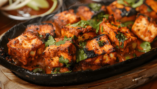Picture a sizzling plate of spicy and tangy paneer tikka with chunks of soft paneer marinated in a  Generative AI