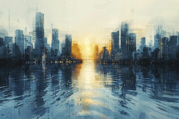 Abstract portrayal of a river flowing through a cityscape made of financial charts, on an economic fluidity background, concept for liquidity in urban finance.