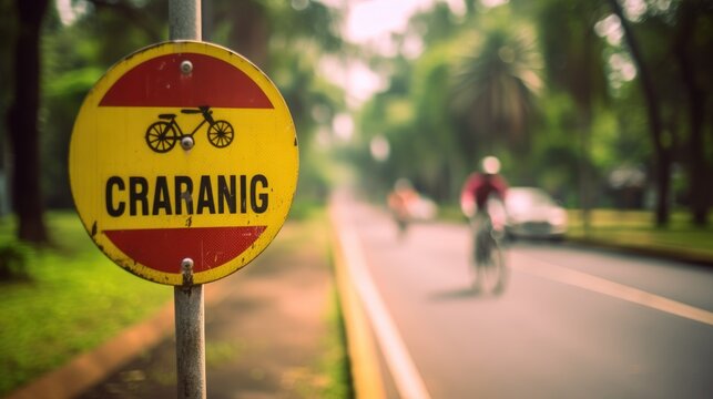 cycling lane sign in the car free day event in indonesia in the middle