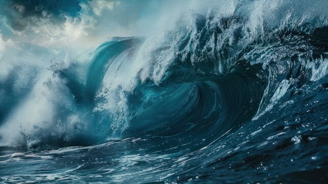 Beautiful view of the blue breaking huge wave of the sea outdoor. AI generated image