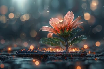 Clean graphic of a flower blooming from a smartphone, on a tech growth background, concept for growth and expansion in mobile technology. - obrazy, fototapety, plakaty