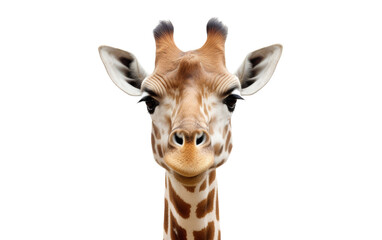 Close-up of a giraffes peaceful face against a pristine white background