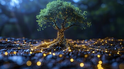 Clean graphic of a tree with roots and branches forming a business network, on an organic growth background, concept for natural expansion in business networks. - obrazy, fototapety, plakaty