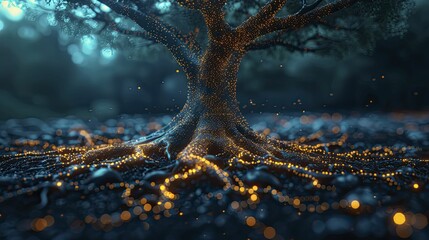 A tree's roots and branches symbolize natural business expansion within interconnected networks on an organic growth backdrop. - obrazy, fototapety, plakaty