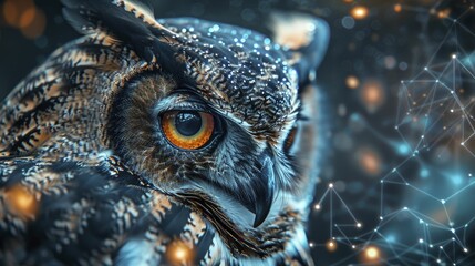 Clean graphic of an owl with digital eyes, on a wisdom and analytics background, concept for insightful data analysis in business strategy.