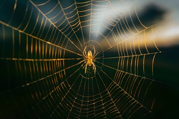 Golden shiny light illuminates spider web against dark background - obrazy, fototapety, plakaty