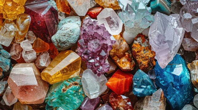 Closeup crystalline colorful gemstone collection background. Generated AI image