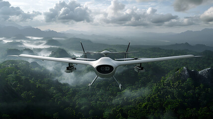The image features a grey drone with four propellers, flying over a forested area. The drone has a sleek design - obrazy, fototapety, plakaty