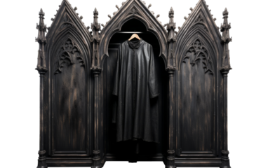 A monk statue stands solemnly in a grand gothic church, exuding tranquility and reverence