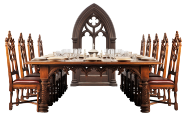 A beautifully set dining room table with chairs, illuminated by natural light streaming in through a large window